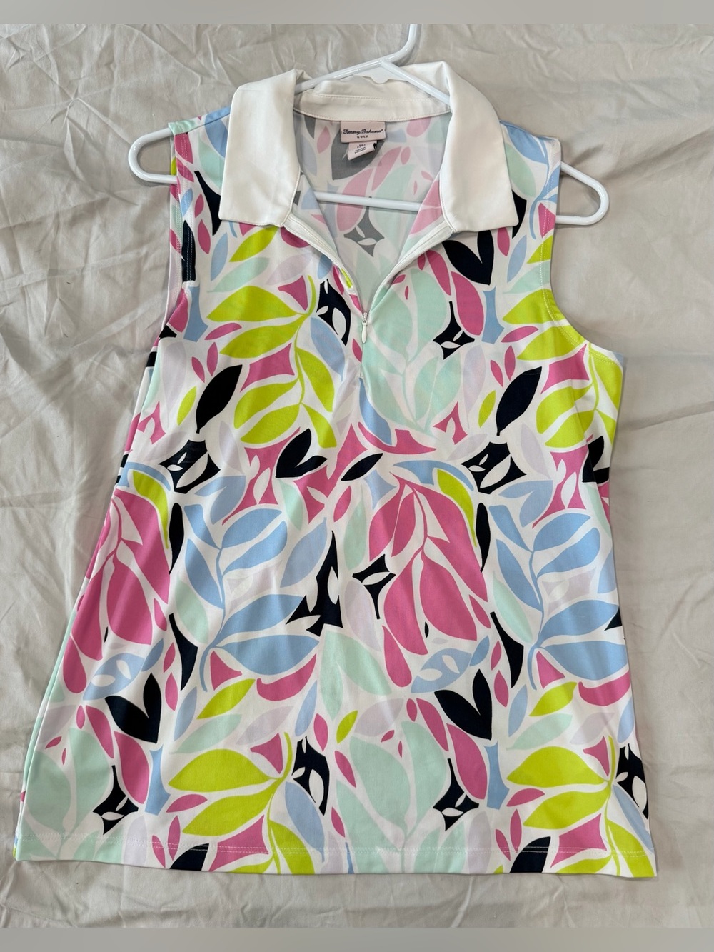 Tommy Bahama Sleeveless Golf Polo Tank in Pink, Light Blue & Lime Leaf Print